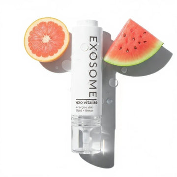 www.skin-rg.com EXO Vitalise serum bottle with grapefruit and watermelon slices, energising skin, lifted and firmer.