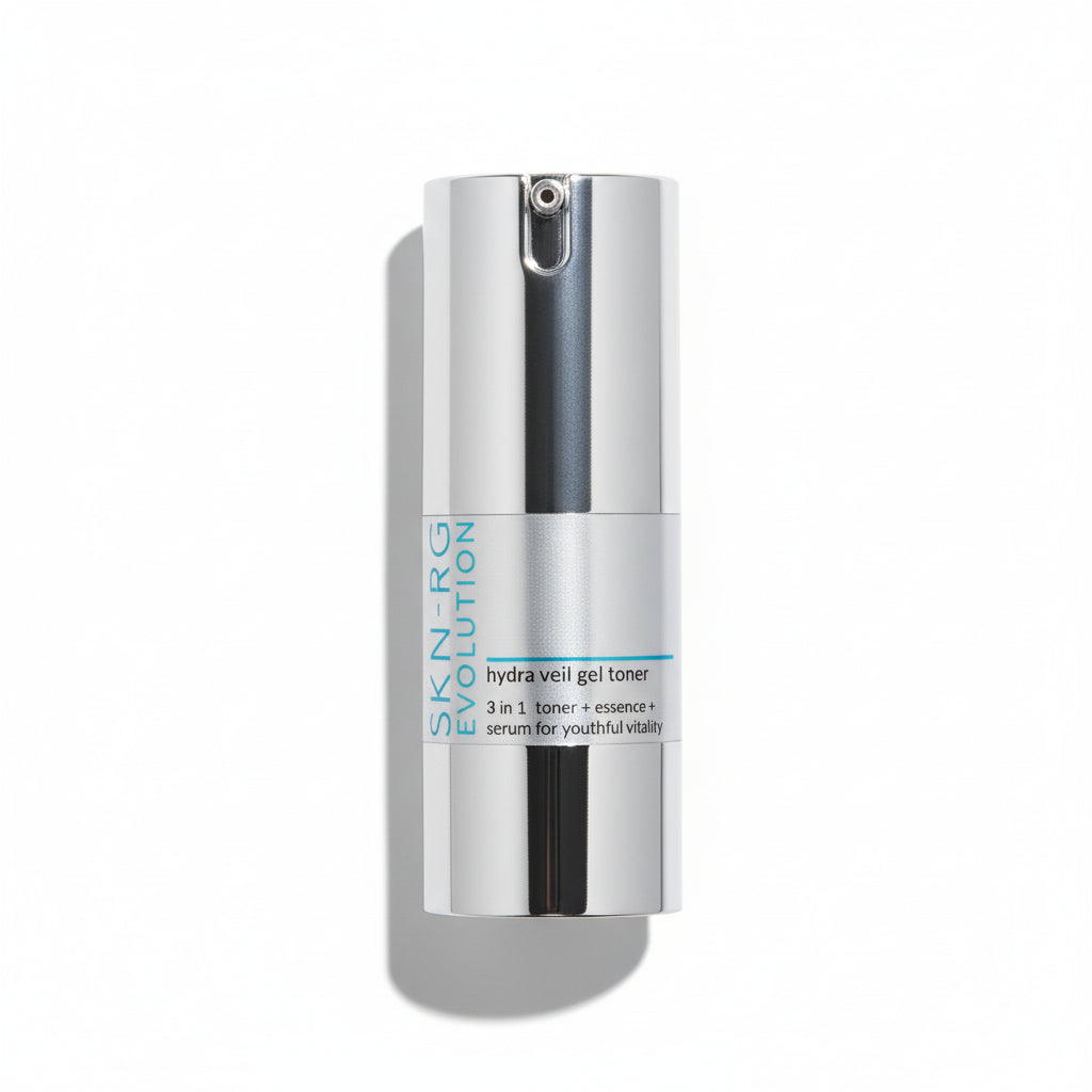 www.skin-rg.com Skincare bottle labeled 'Skin-RG Evolution' Hydra VEil 3 in 1 gel toner on a white background 15ml