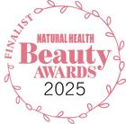 www.skin-rg.com Natural Health Beauty Awards 2025 Finalist badge with pink floral border.