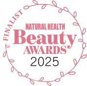 www.skin-rg.com Natural Health Beauty Awards 2025 Finalist badge with pink floral border.