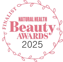 www.skin-rg.com Natural Health Beauty Awards 2025 Finalist badge with pink floral border.
