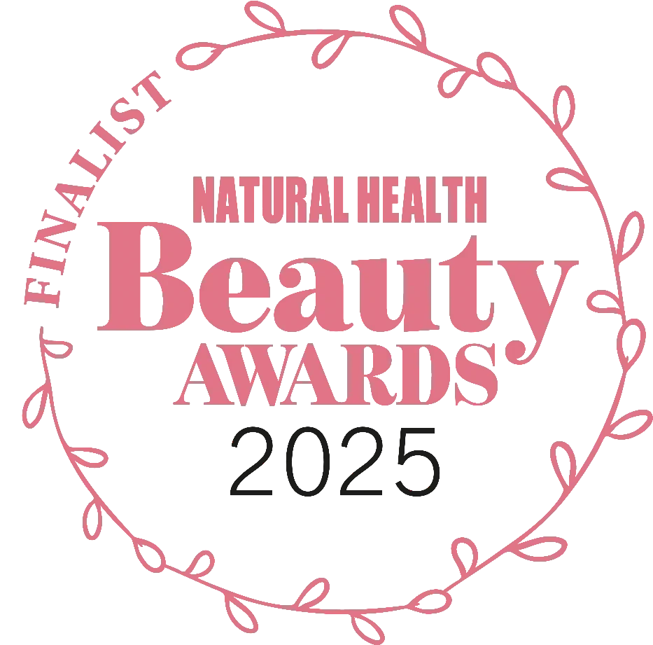 www.skin-rg.com Natural Health Beauty Awards 2025 Finalist badge with pink floral border.