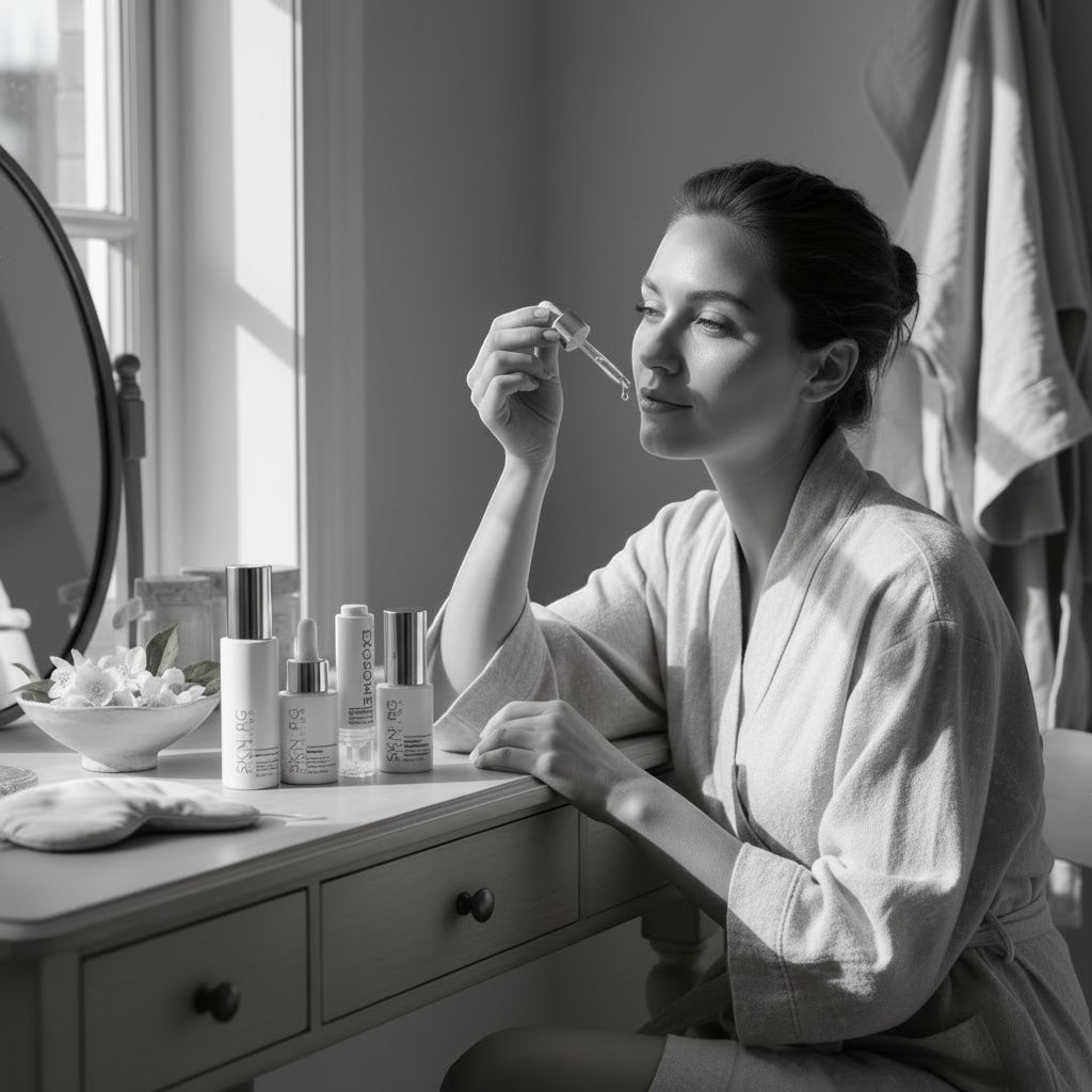 www.skin-rg.com woman applying serum from dropper to face, skincare bottles on vanity