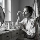www.skin-rg.com woman applying serum from dropper to face, skincare bottles on vanity