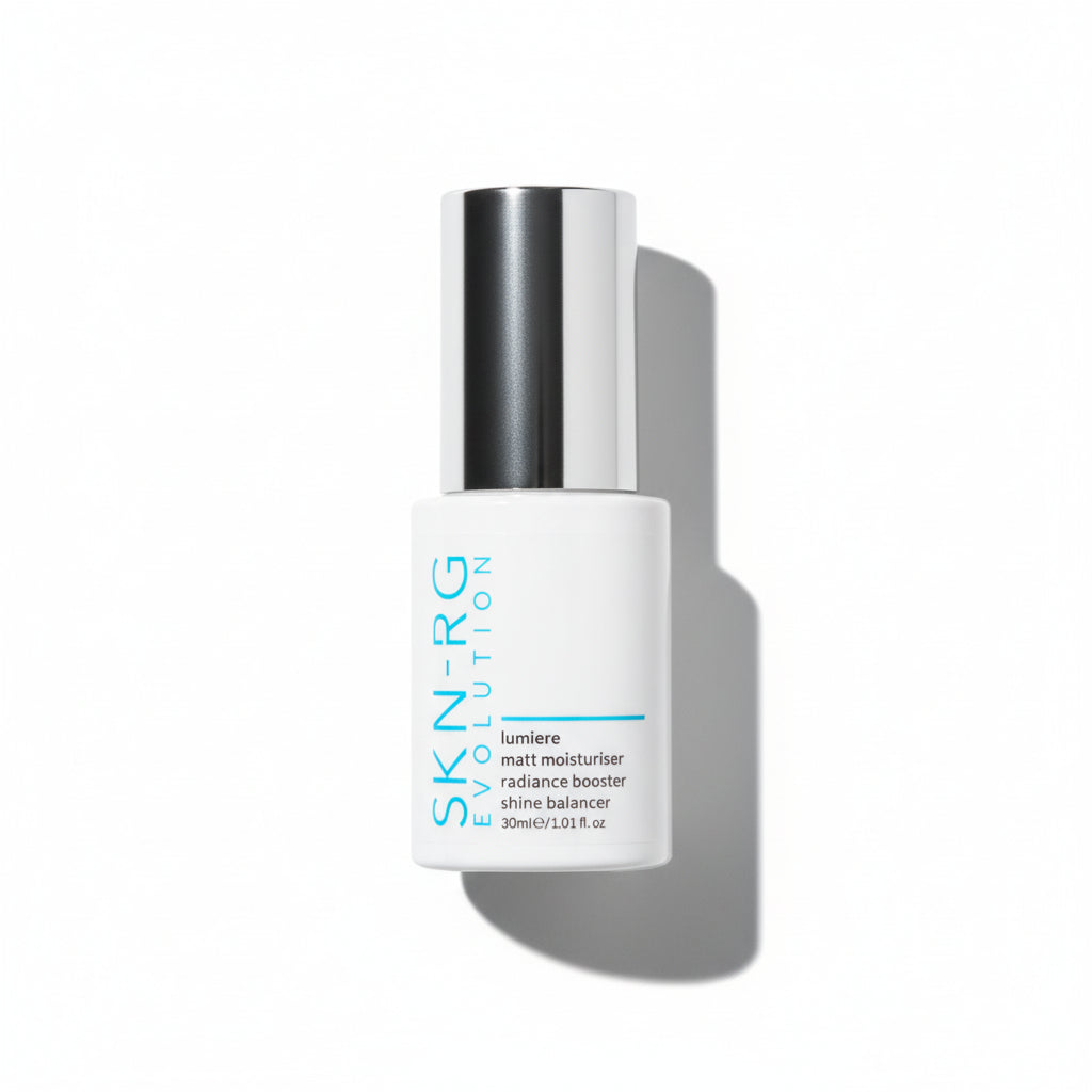 www.skin-rg.com Lumiere Matt Moisturiser sebum control Skincare bottle with silver cap on a white background 30ml by Skin-rg Evolution