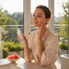 www.skin-rg.com woman applying serum to face, holding bottle of EXO VITALISE serum with visible lifting and firming benefits.