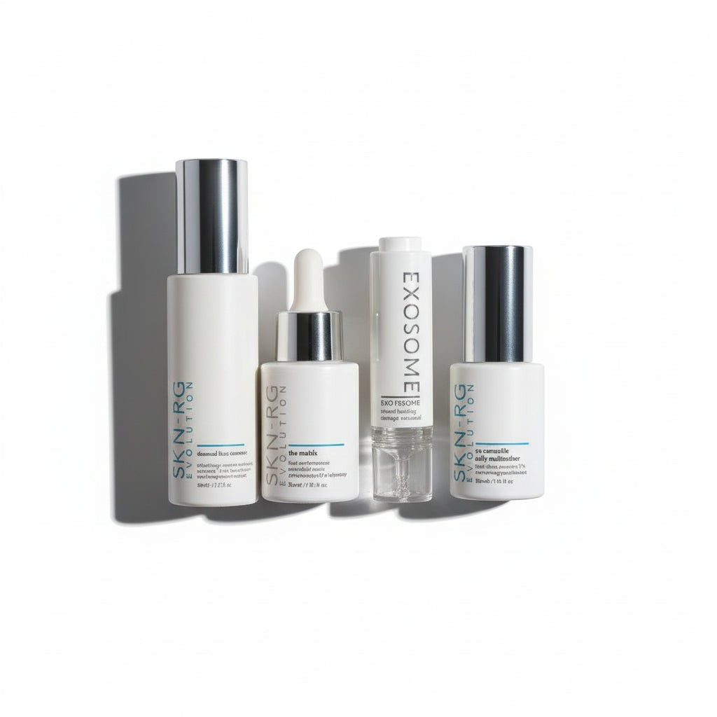 www.skin-rg.com The Reconstructor AM Dermal System, a 4-step skincare set with white bottles and silver caps.