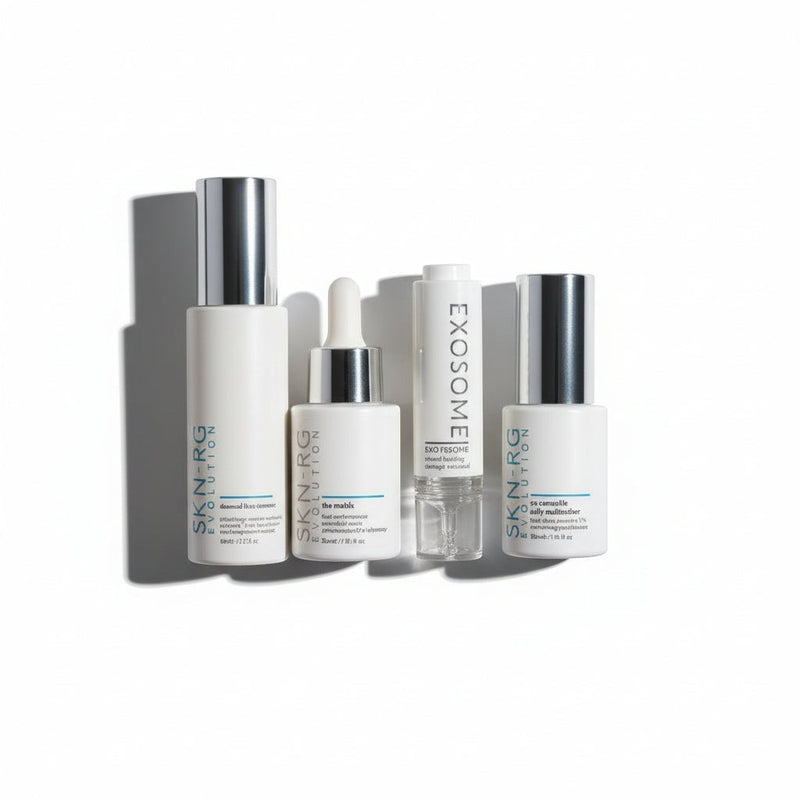 www.skin-rg.com The Reconstructor AM Dermal System, a 4-step skincare set with white bottles and silver caps.