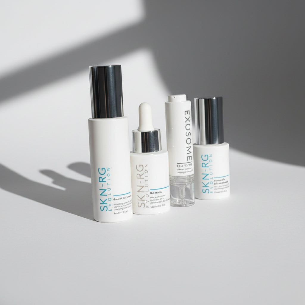 www.skin-rg.com The Reconstructor AM Dermal System, a 4-step skincare set with white bottles and silver caps.